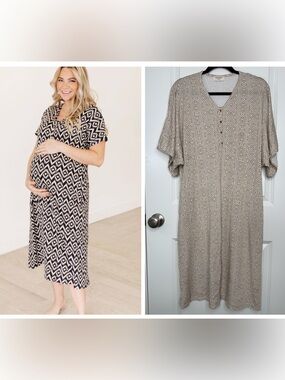 Dwell & Slumber Dara Swing Dress XS/S Tan White Geometric Maternity Postpartum